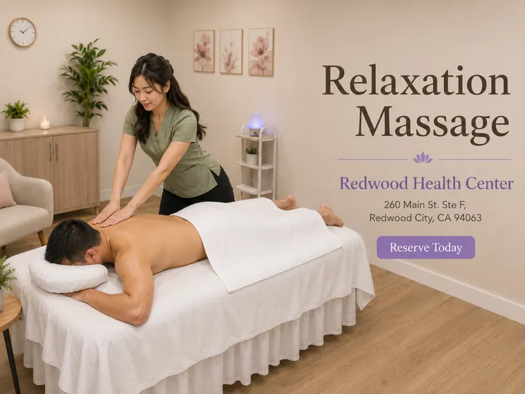 Relaxation therapeutic massage at Redwood Health Center, Redwood City