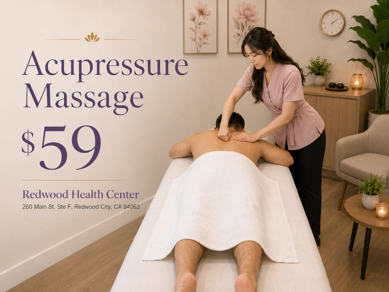 Acupressure massage session at Redwood Health Center in Redwood City, CA