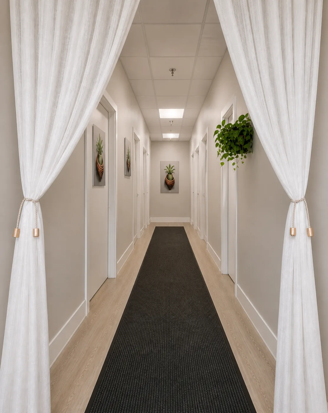 Treatment hallway with soft white linen drapes