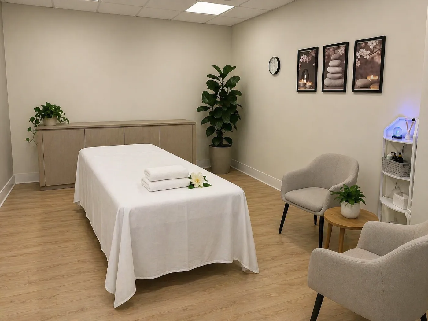 Private treatment room with massage table, comfortable seating area and stone wall art